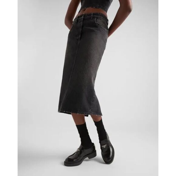 Prada Black Long Denim Midi Skirt Button Fly Size 4 US EUC - Picture 11 of 16
